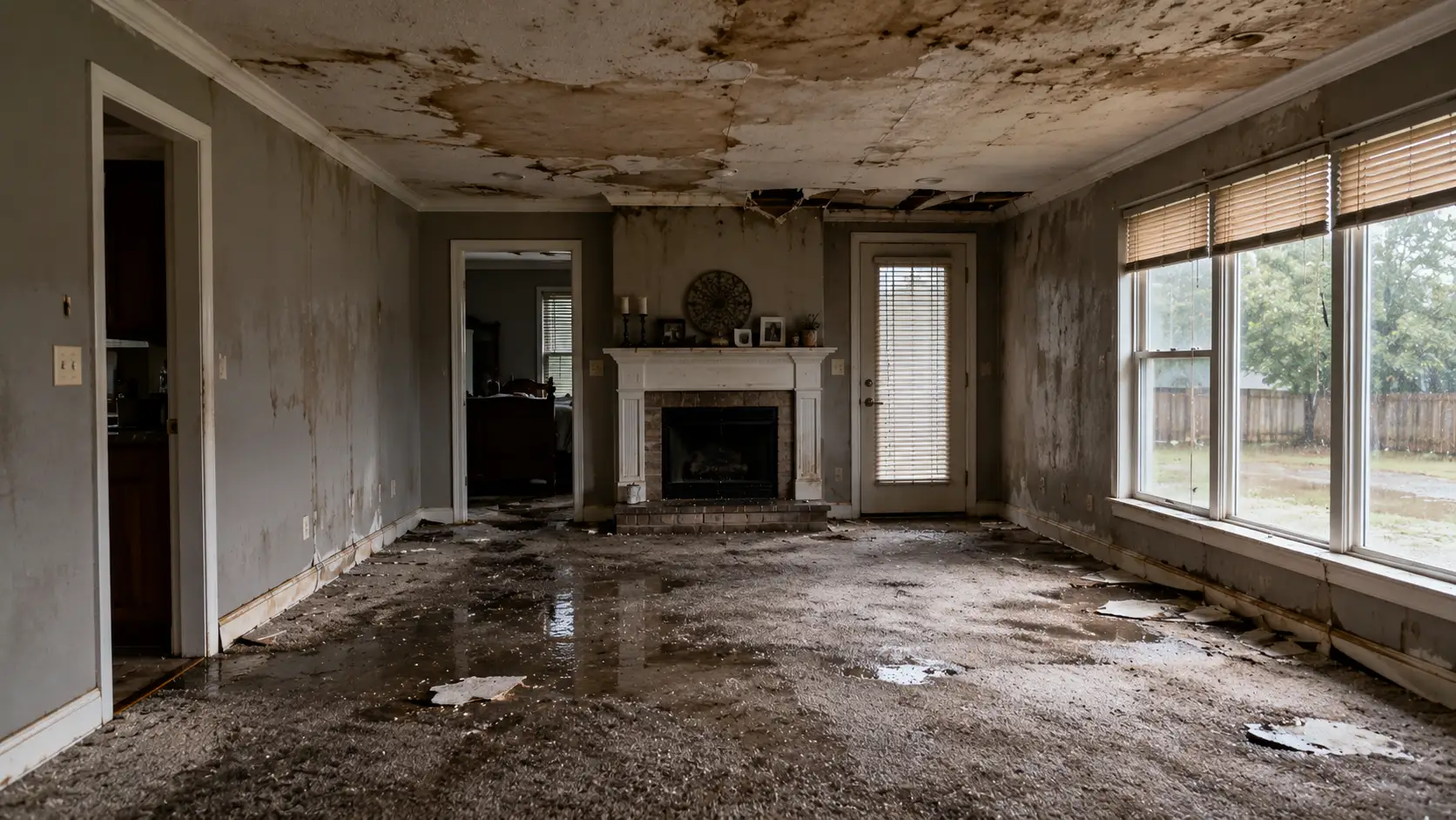Water-damaged Tuscaloosa living room before restoration